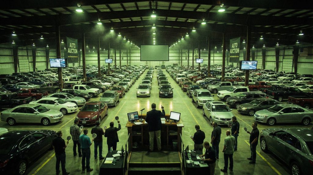 Wholesale car auction floor — dealer-only access with a wholesale dealer license