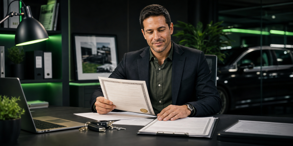 Entrepreneur reviewing a wholesale auto dealer license document at a desk