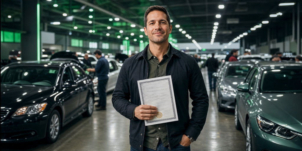 Person holding a wholesale auto dealer license at a dealer auction