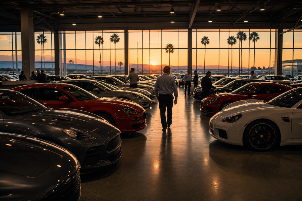 Subasta de autos solo para distribuidores en Florida con palmeras y atardecer
