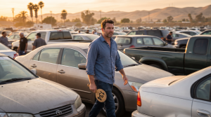 Entrepreneur walking through a wholesale car auction lot in California holding a bidder paddle
