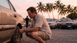 Entrepreneur inspecting a used car at a Florida wholesale lot at dusk with palm trees
