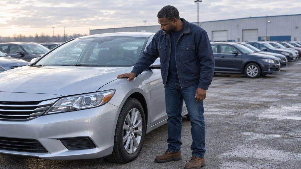 Illustrative scene of an independent dealer inspecting a car with his hand resting on the hood.
