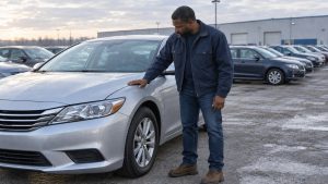 Illustrative scene of an independent dealer inspecting a car with his hand resting on the hood.
