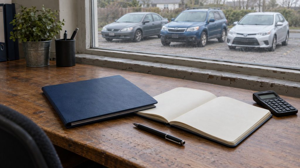 Illustrative auto-office desk with a folder, notebook, and calculator for evaluating licensing support.